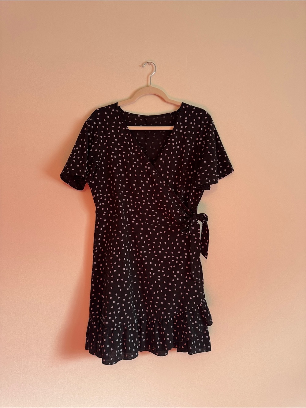 Black Polka Dot Wrap Dress with Ruffle Hem